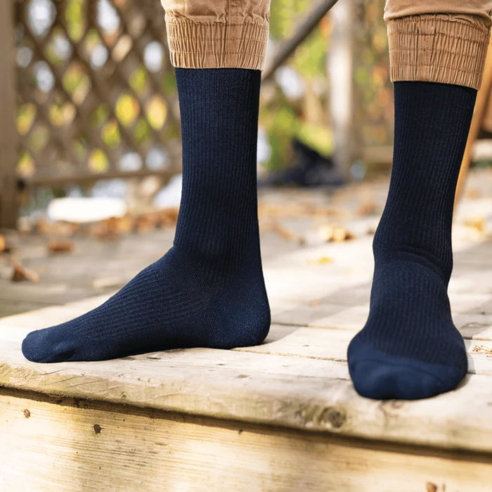 Lower legs of a man in navy Bauerfeind merino compression socks.
