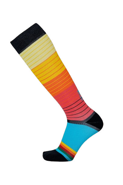 Lunatik Retro Renegade+ compression sock (rainbow stripes) on white background.
