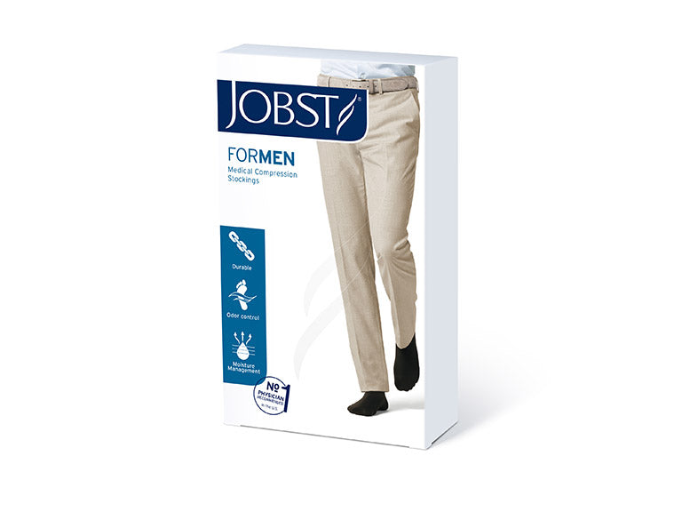 Front view of JOBST For Men compression socks in product box.