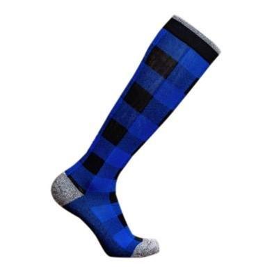 Lunatik Lumber Jack compression sock in blue on white background.
