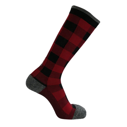 Lunatik Lumber Jack compression sock in red on white background.